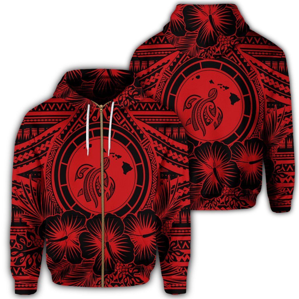 Hawaiian Map Honu Hibiscus Tropic Red Polynesian Zip Hoodie Unisex Art - Polynesian Pride
