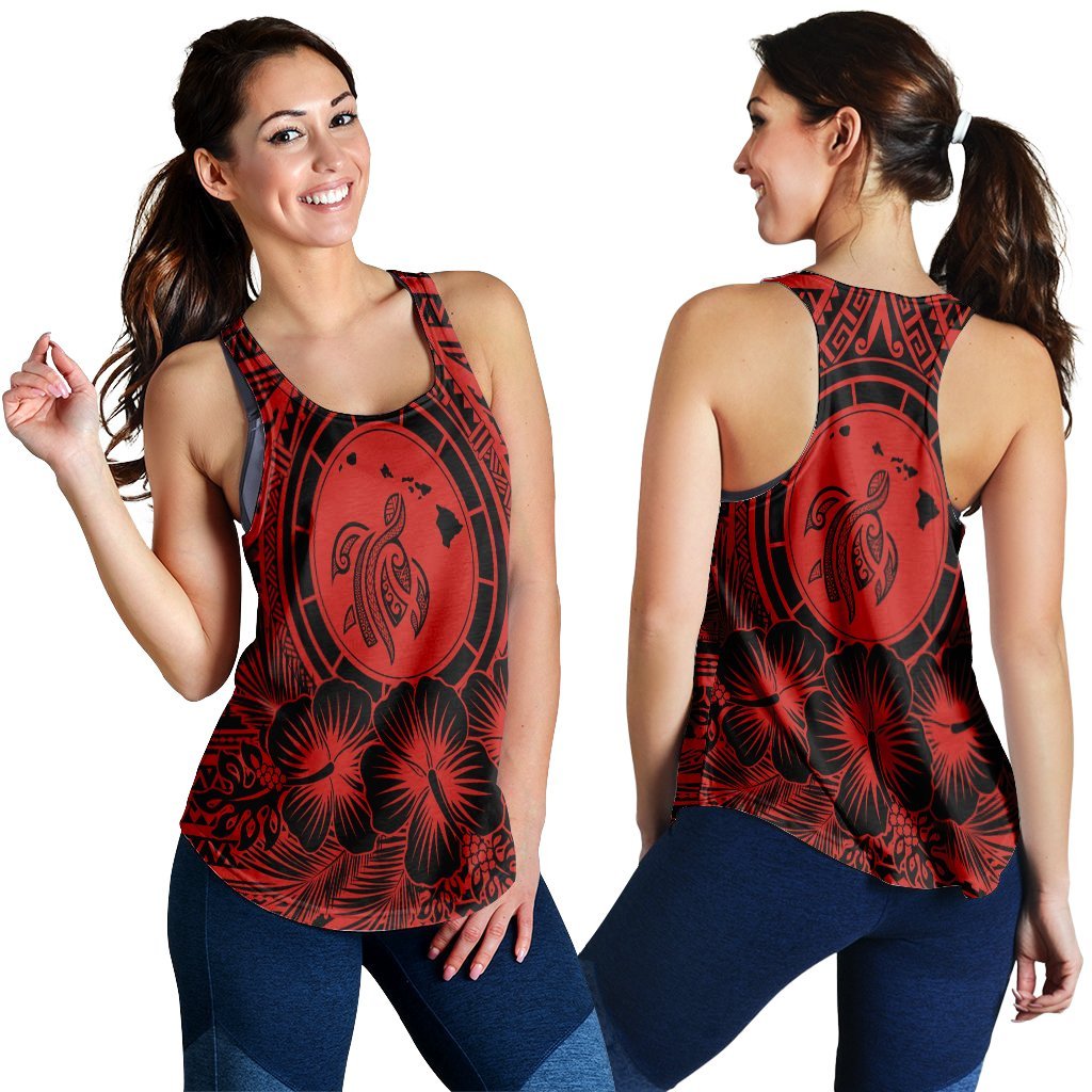 Hawaiian Map Honu Hibiscus Tropic Red Polynesian Racerback Tank - AH Black - Polynesian Pride