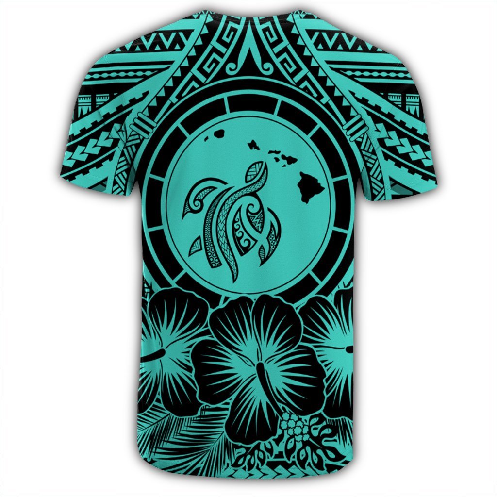 Hawaiian Map Honu Hibiscus Tropic Turquoise Polynesian T Shirt - Polynesian Pride