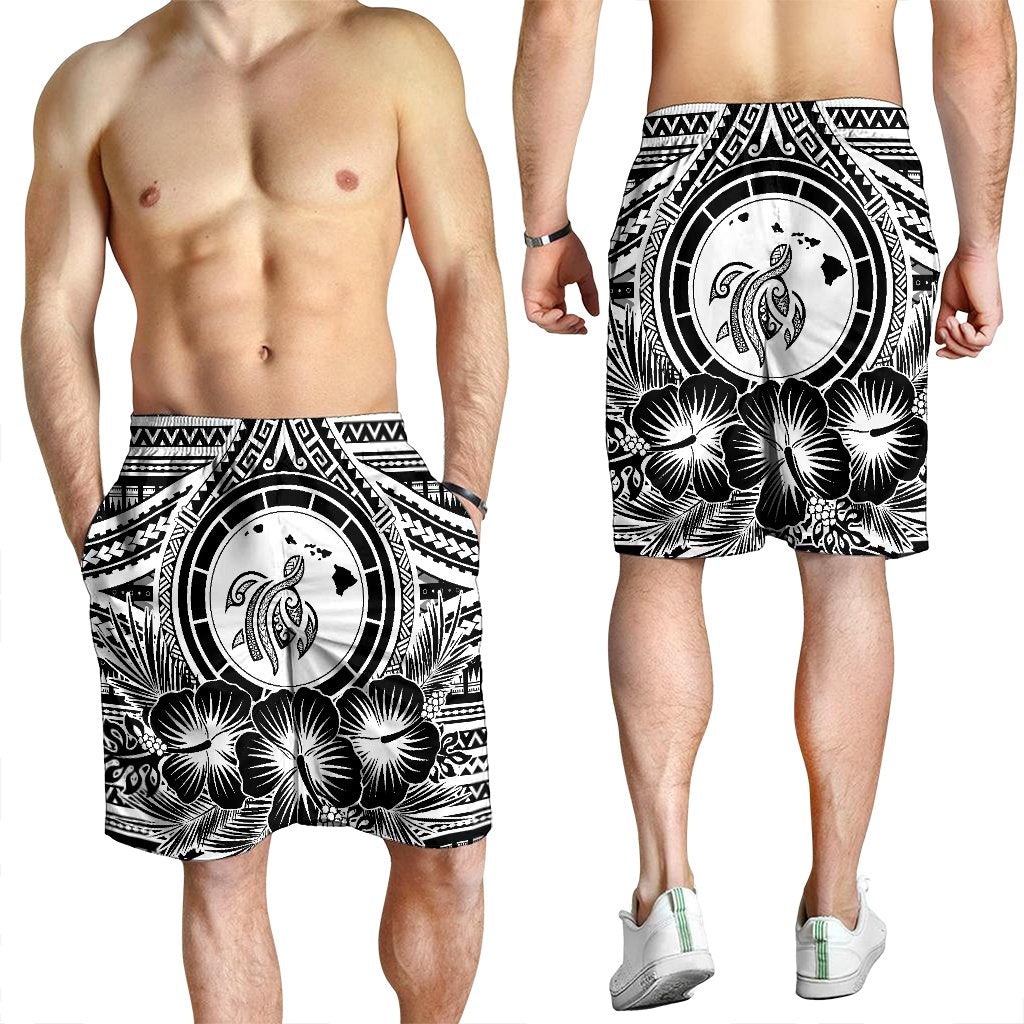 Hawaiian Map Honu Hibiscus Tropic White Polynesian Men's Shorts - AH - Polynesian Pride