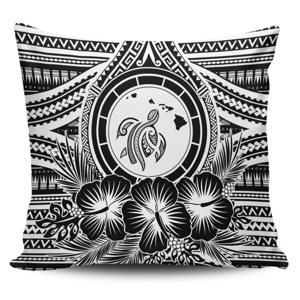 Hawaiian Map Honu Hibiscus Tropic White Polynesian Pillow Covers - AH Pillow Covers Black - Polynesian Pride