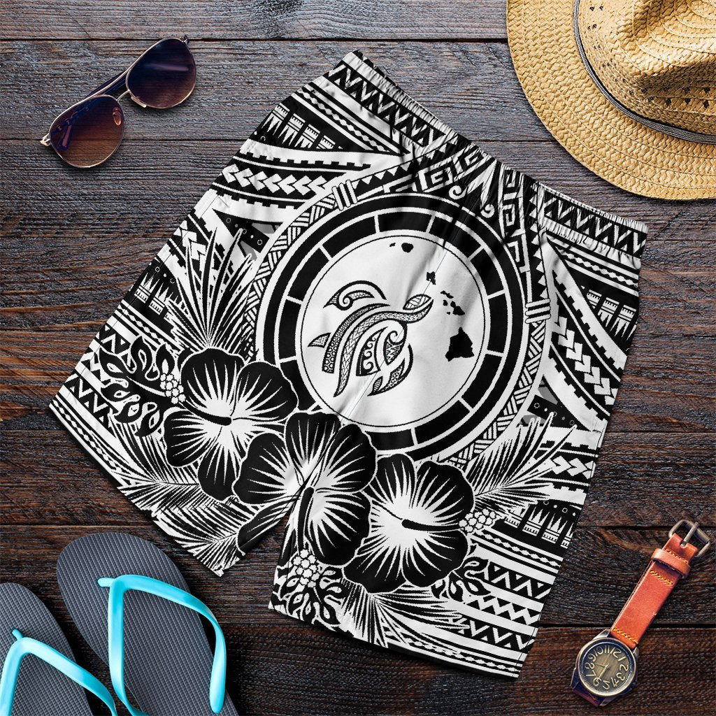 Hawaiian Map Honu Hibiscus Tropic White Polynesian Men's Shorts - AH Art - Polynesian Pride