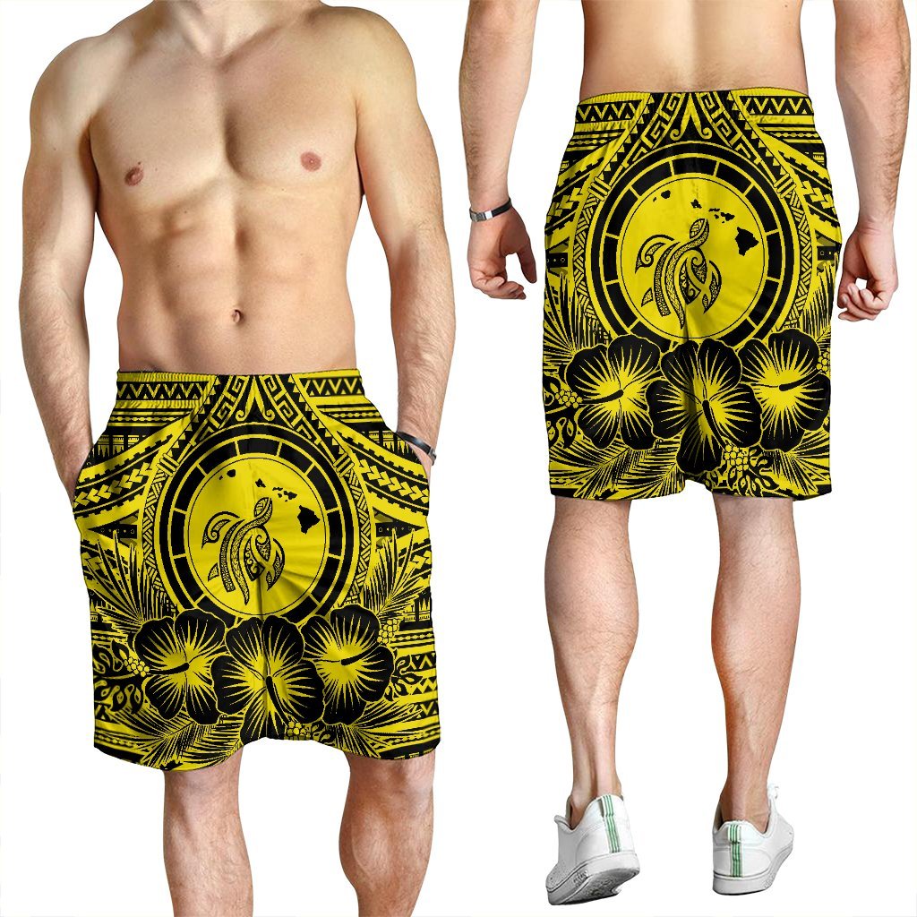 Hawaiian Map Honu Hibiscus Tropic Yellow Polynesian Men's Shorts - AH - Polynesian Pride
