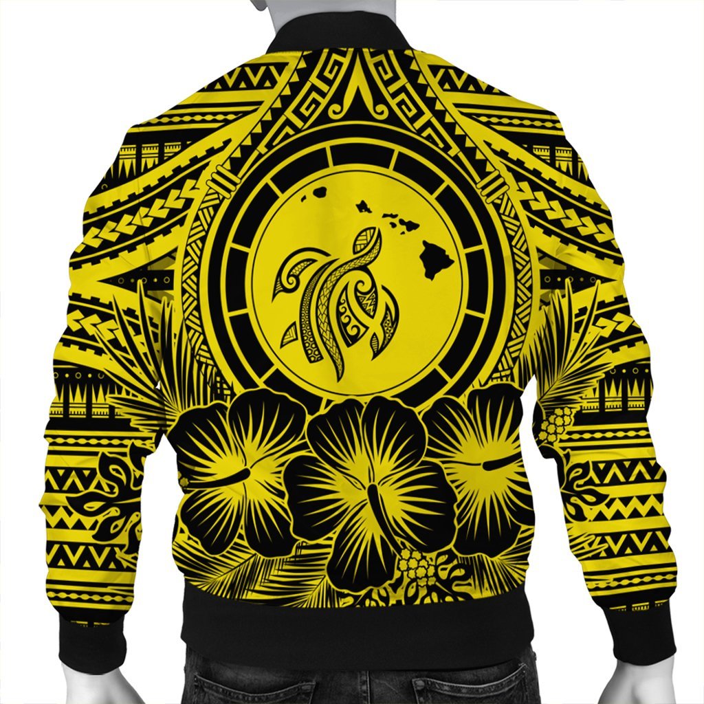 Hawaiian Map Honu Hibiscus Tropic Yellow Polynesian Bomber Jacket - AH - Polynesian Pride