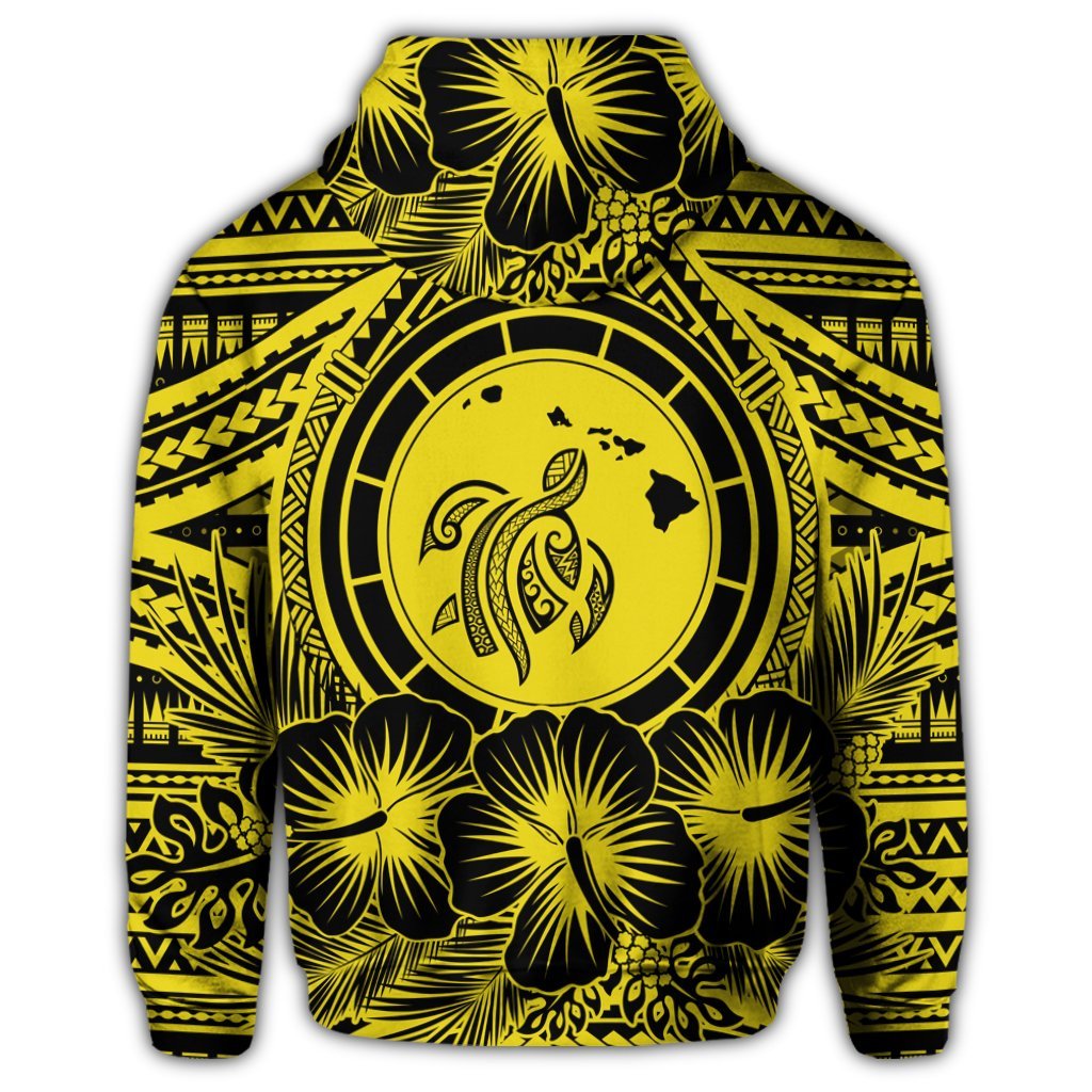 Hawaiian Map Honu Hibiscus Tropic Yellow Polynesian Zip Hoodie - Polynesian Pride