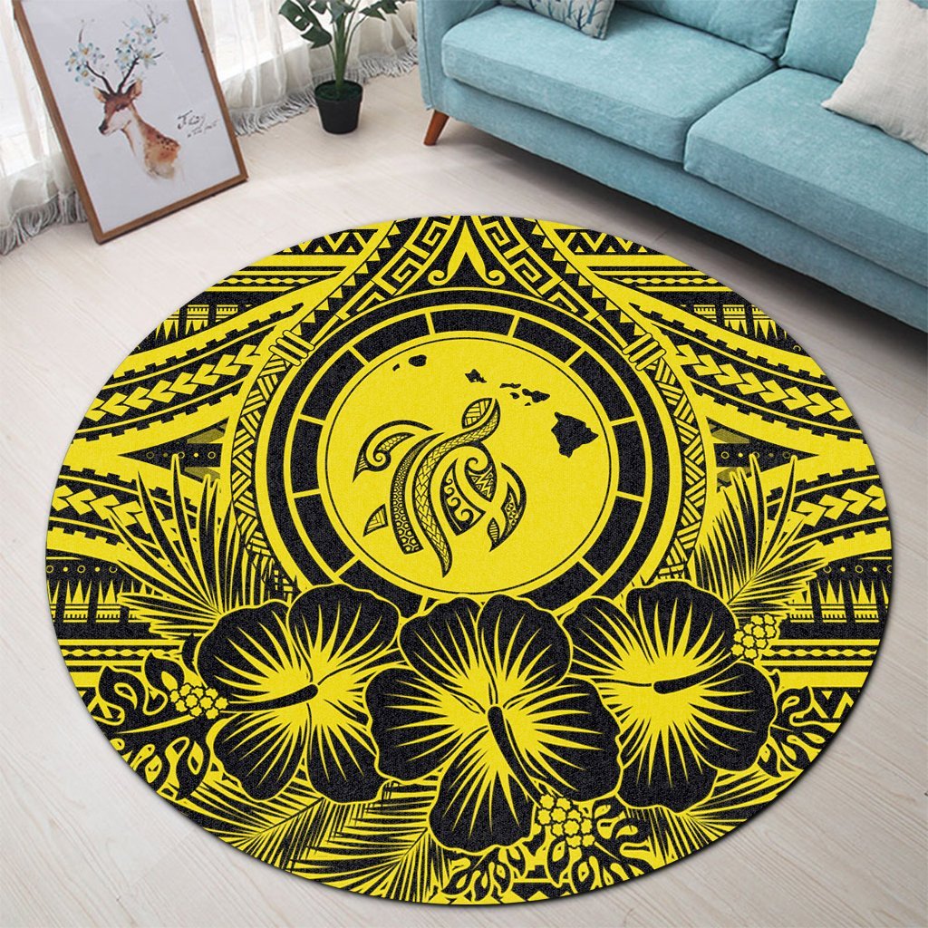 Hawaiian Map Honu Hibiscus Tropic Yellow Polynesian Round Carpet - AH - Polynesian Pride