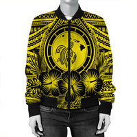 Hawaiian Map Honu Hibiscus Tropic Yellow Polynesian Bomber Jacket - AH - Polynesian Pride
