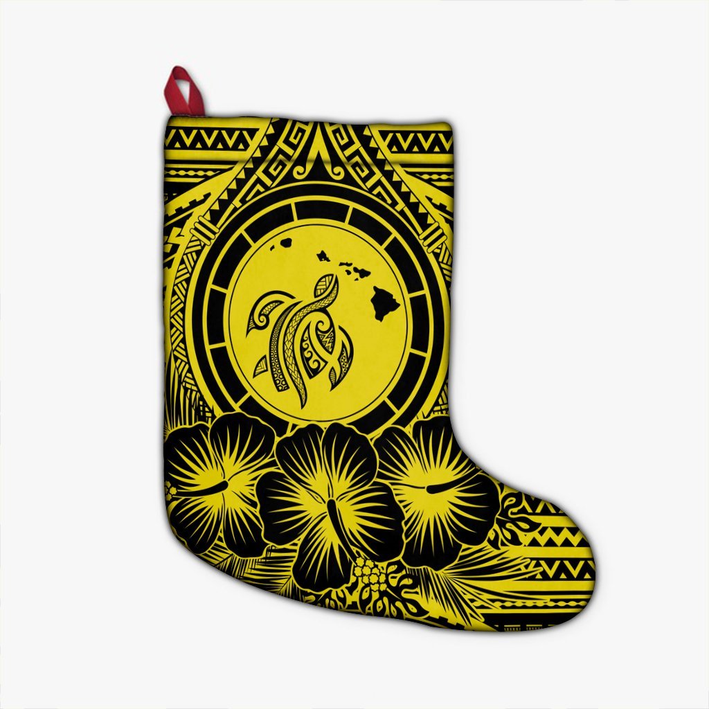 Hawaiian Map Honu Hibiscus Tropic Yellow Polynesian Christmas Stocking - AH Christmas Stocking 26 X 42 cm Black - Polynesian Pride