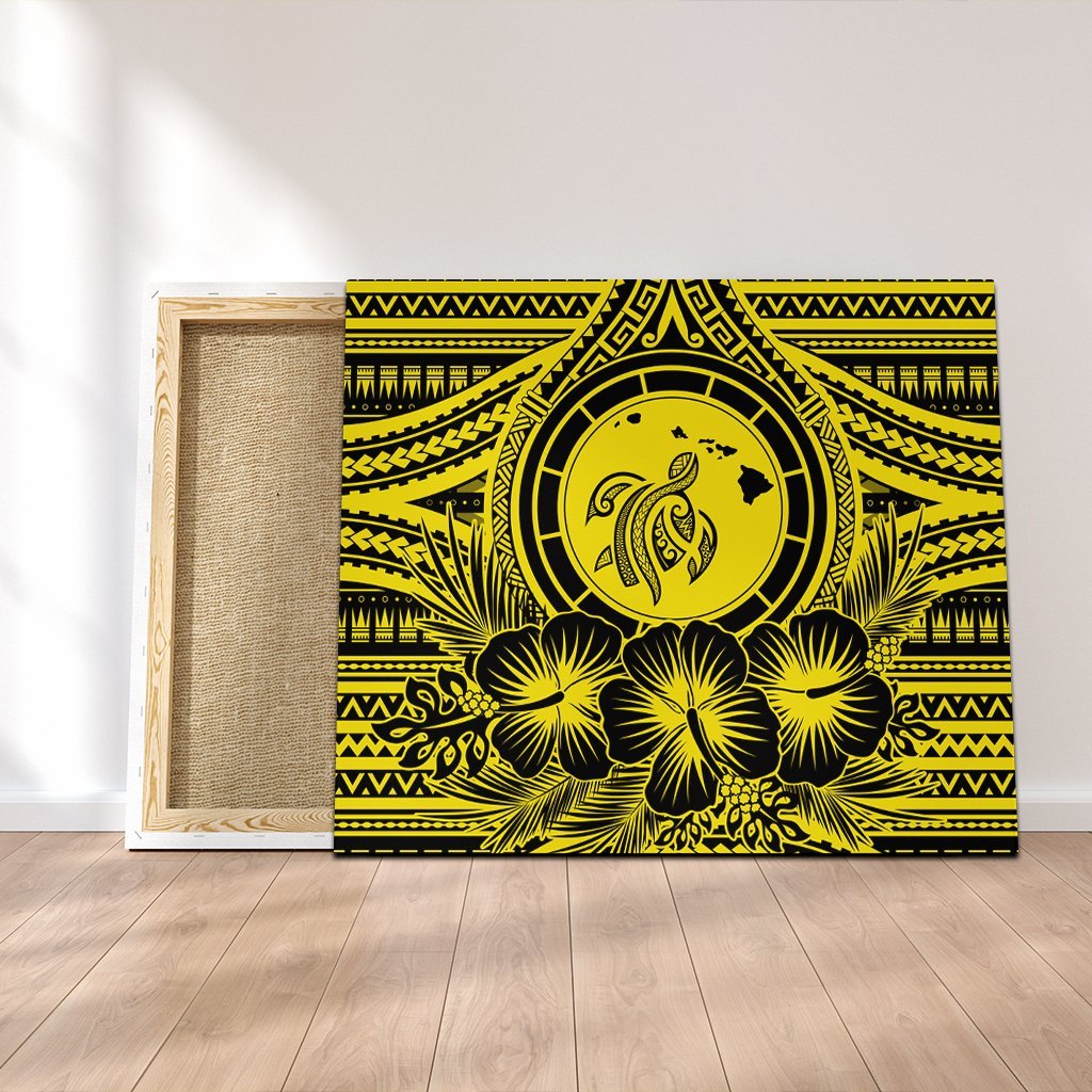 Hawaiian Map Honu Hibiscus Tropic Yellow Polynesian Canvas - AH Canvas Poly-cotton - Polynesian Pride