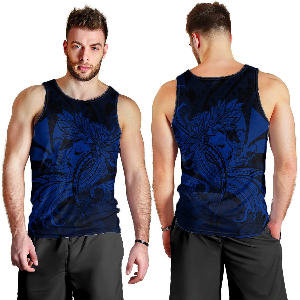 Hawaiian Map Hula Girl Hibiscus Kanaka Polynesian Tank Top - Blue - AH - Polynesian Pride