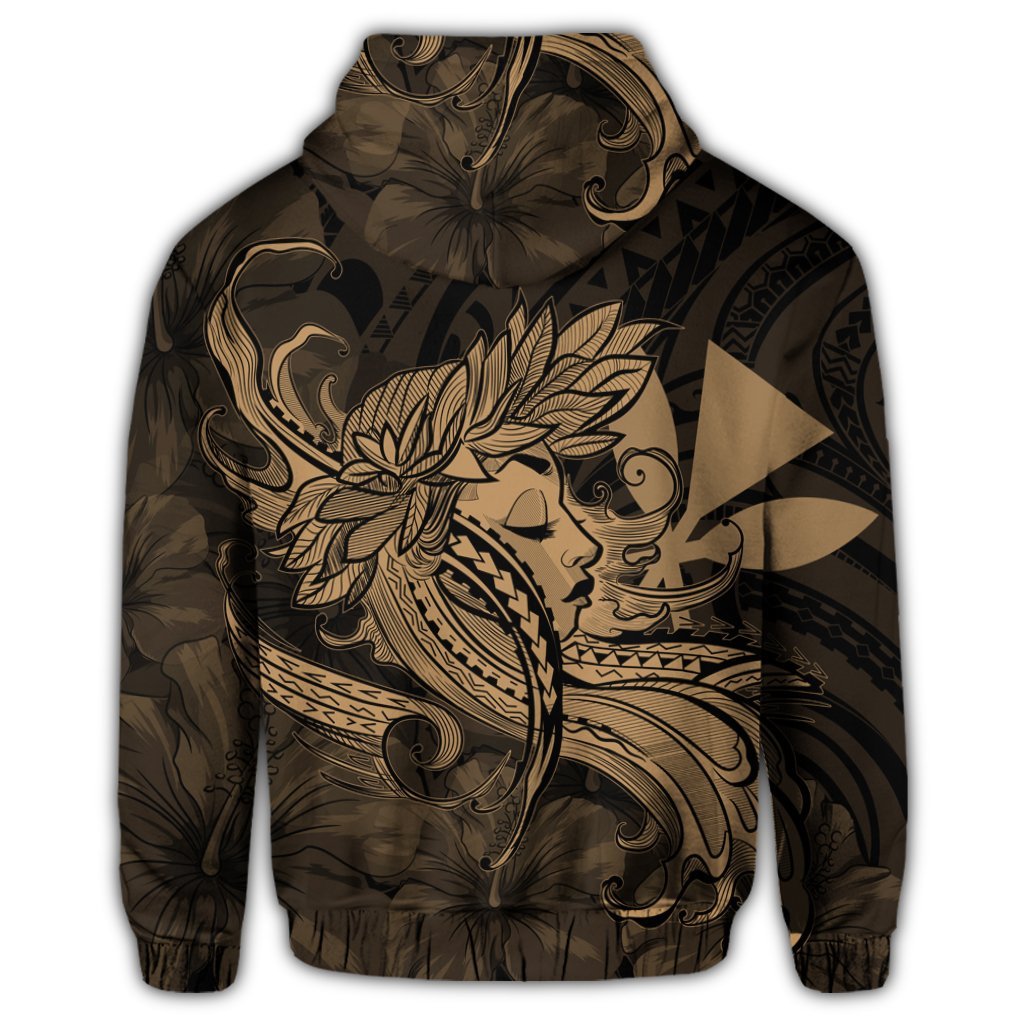Hawaiian Map Hula Girl Hibiscus Kanaka Polynesian Zip Hoodie Gold - Polynesian Pride