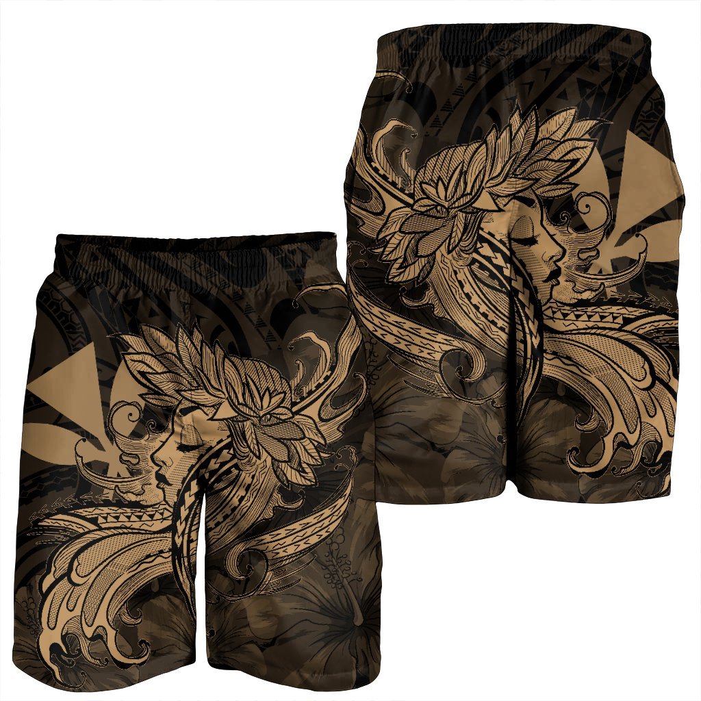 Hawaiian Map Hula Girl Hibiscus Kanaka Polynesian Men's Shorts - Gold - AH - Polynesian Pride