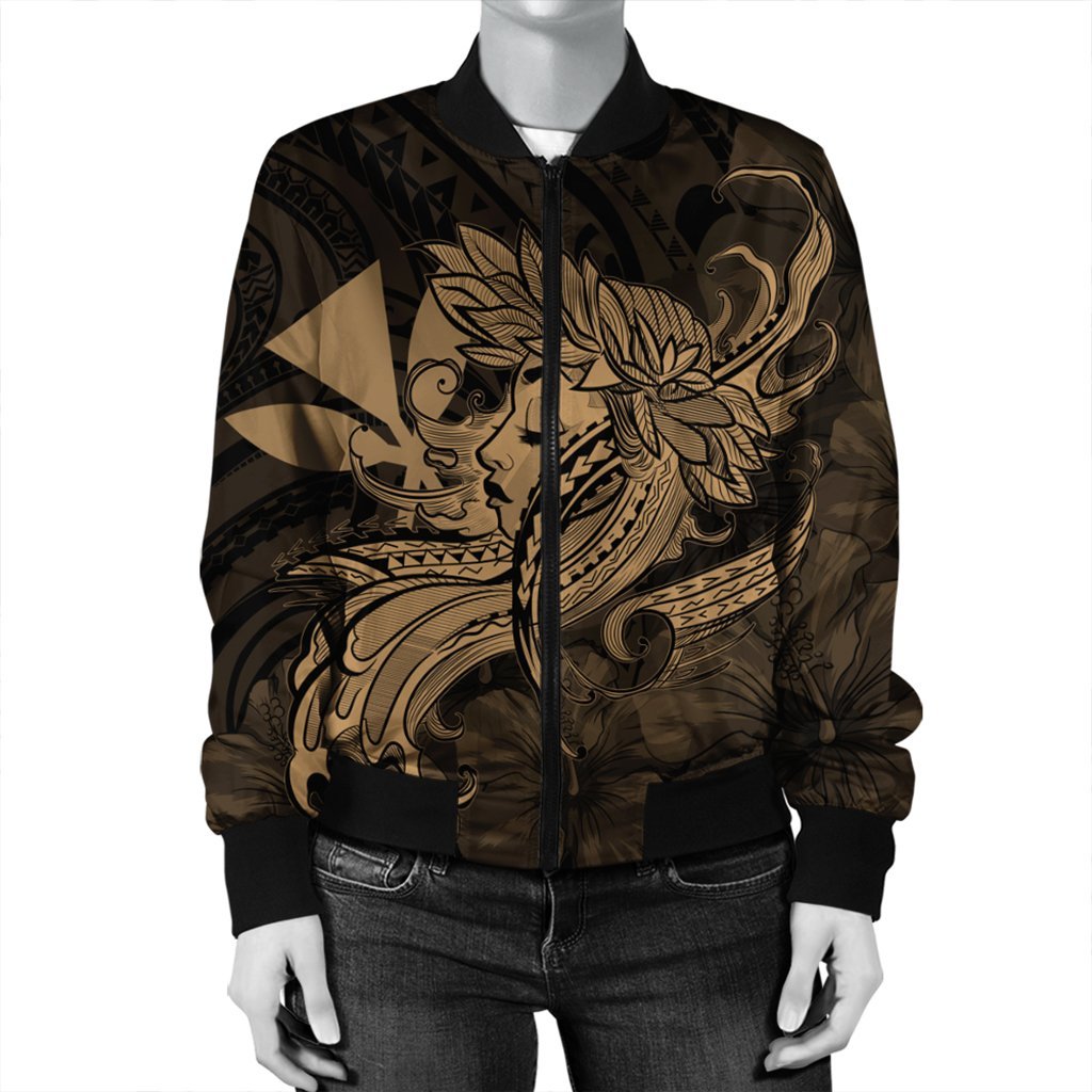 Hawaiian Map Hula Girl Hibiscus Kanaka Polynesian Bomber Jacket - Gold - AH - Polynesian Pride