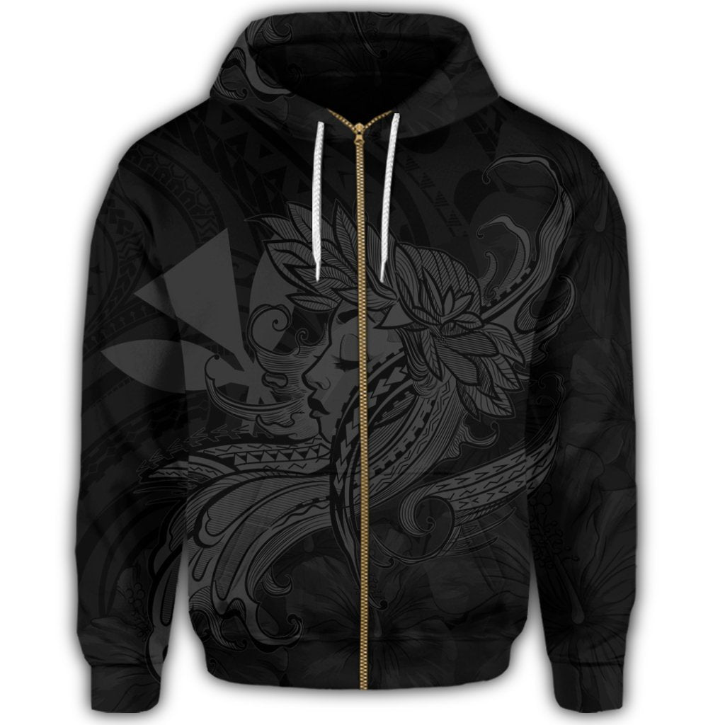 Hawaiian Map Hula Girl Hibiscus Kanaka Polynesian Zip Hoodie Gray - Polynesian Pride