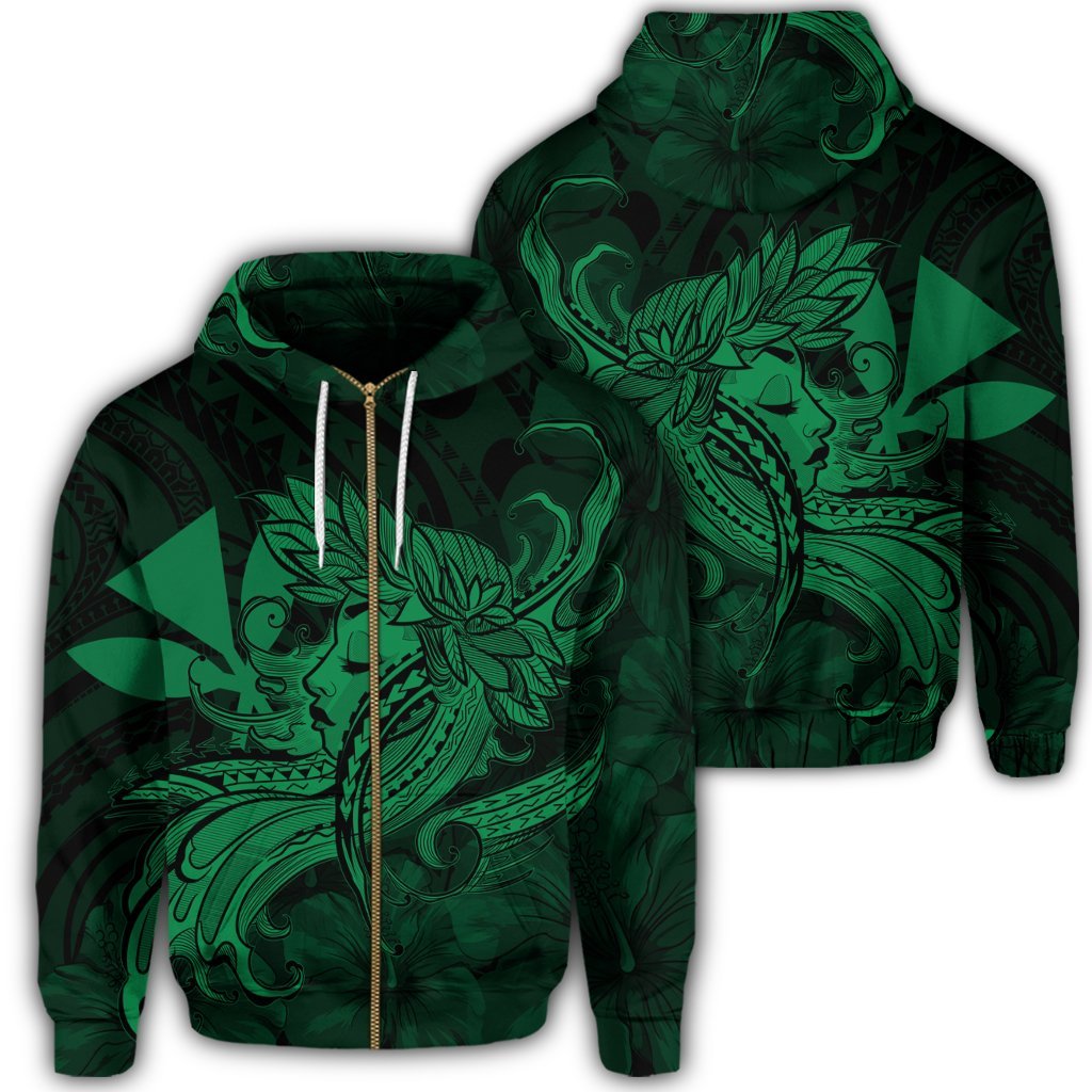 Hawaiian Map Hula Girl Hibiscus Kanaka Polynesian Zip Hoodie Green Unisex Art - Polynesian Pride