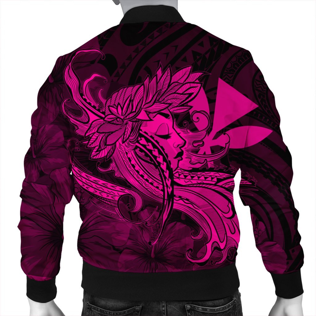 Hawaiian Map Hula Girl Hibiscus Kanaka Polynesian Bomber Jacket - Pink - AH - Polynesian Pride