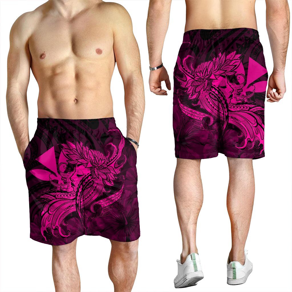Hawaiian Map Hula Girl Hibiscus Kanaka Polynesian Men's Shorts - Pink - AH - Polynesian Pride
