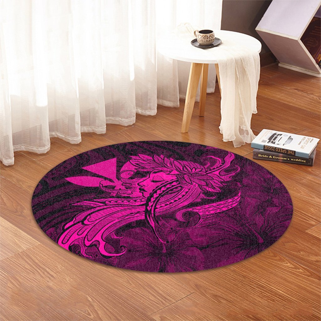 Hawaiian Map Hula Girl Hibiscus Kanaka Polynesian Round Carpet - Pink - AH - Polynesian Pride