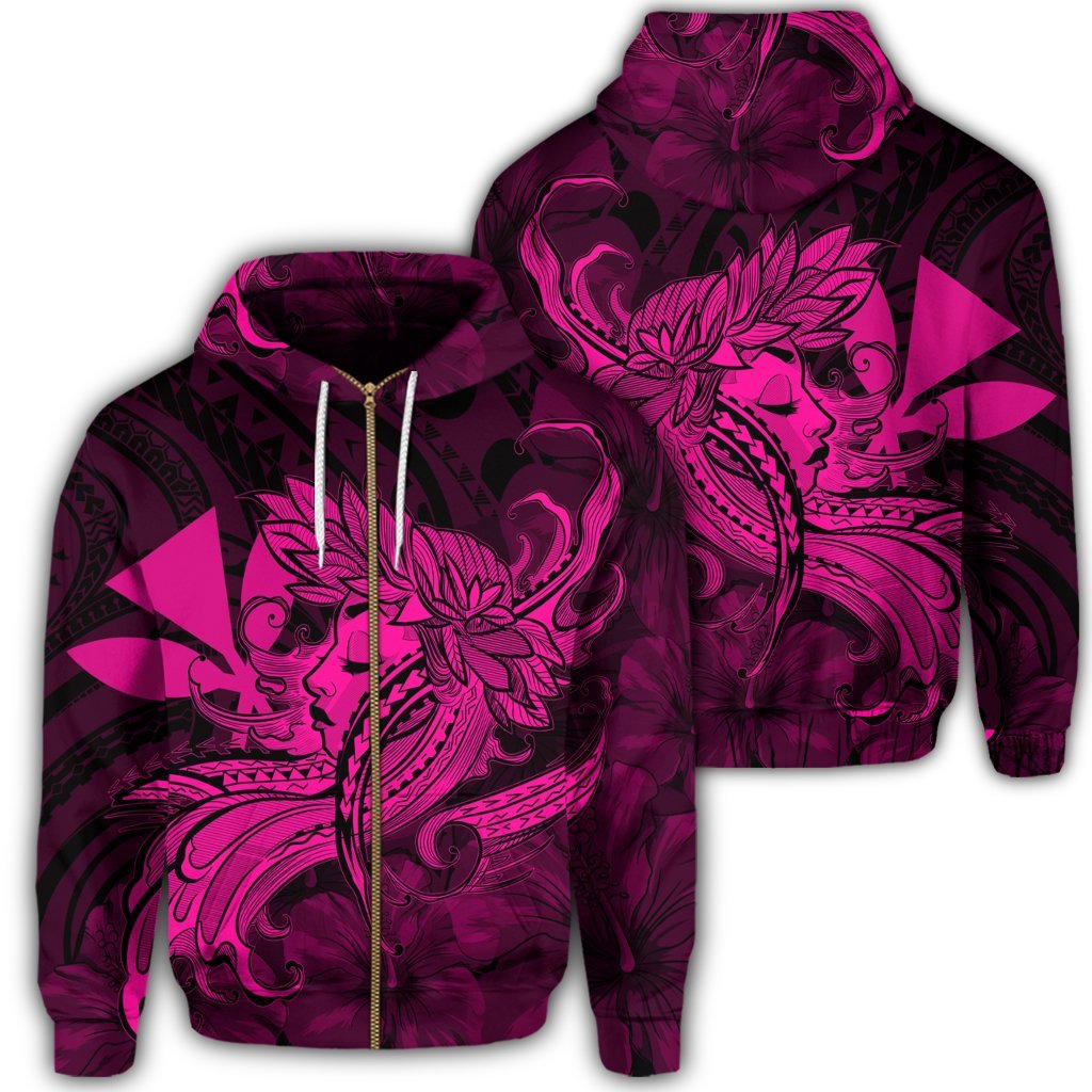 Hawaiian Map Hula Girl Hibiscus Kanaka Polynesian Zip Hoodie Pink Unisex Art - Polynesian Pride