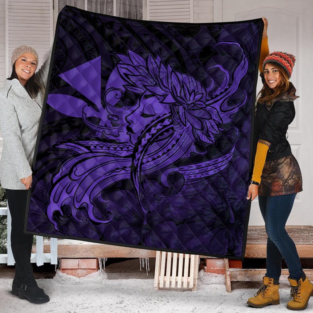 Hawaiian Map Hula Girl Hibiscus Kanaka Polynesian Premium Quilts - Purple - AH - Polynesian Pride