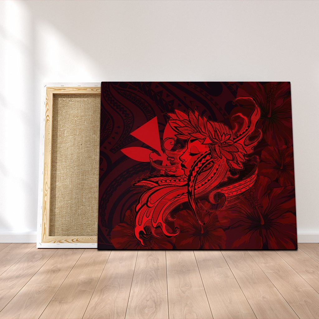 Hawaiian Map Hula Girl Hibiscus Kanaka Polynesian Canvas - Red - AH Canvas Poly-cotton - Polynesian Pride