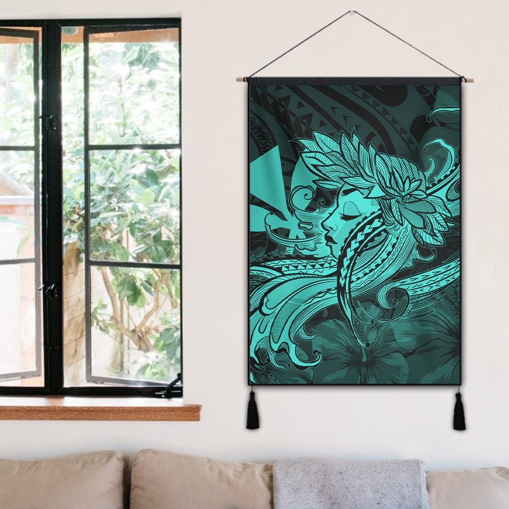 Hawaiian Map Hula Girl Hibiscus Kanaka Polynesian Hanging Poster - Turquoise - AH - Polynesian Pride