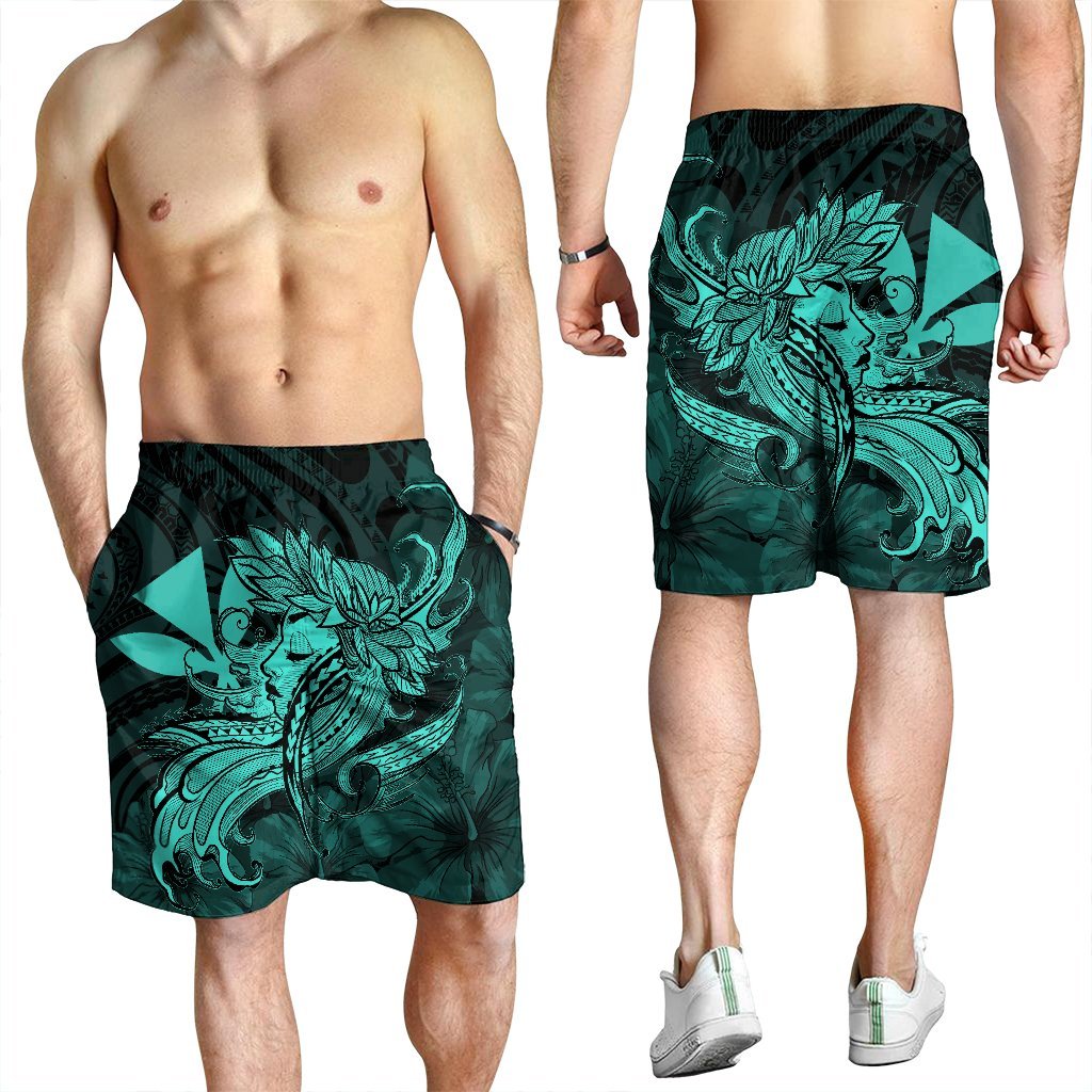 Hawaiian Map Hula Girl Hibiscus Kanaka Polynesian Men's Shorts - Turquoise - AH - Polynesian Pride