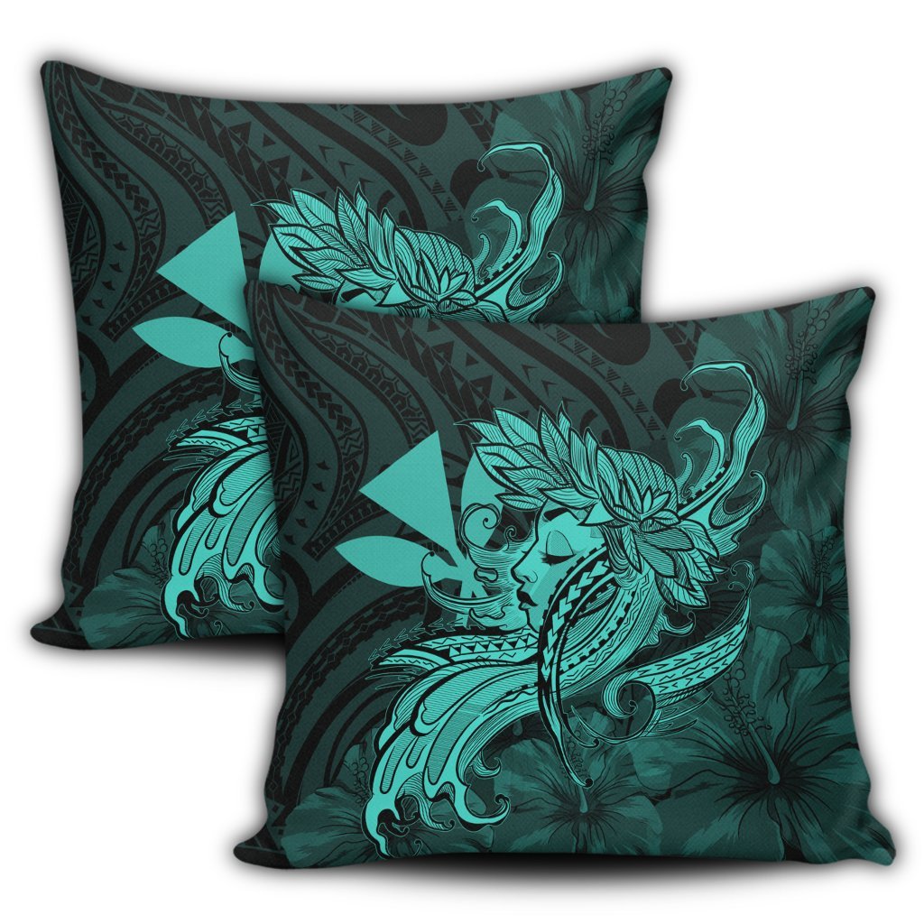 Hawaiian Map Hula Girl Hibiscus Kanaka Polynesian Pillow Covers - Turquoise - AH - Polynesian Pride