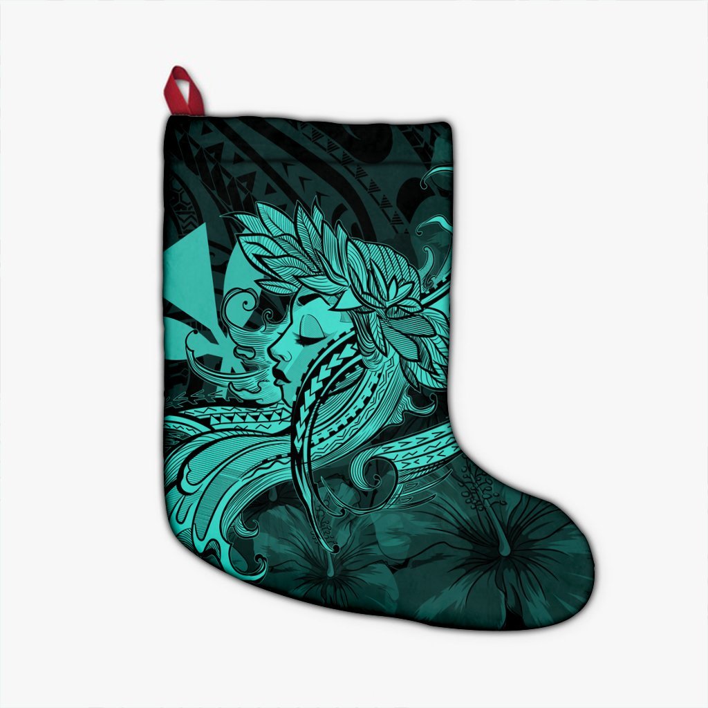 Hawaiian Map Hula Girl Hibiscus Kanaka Polynesian Christmas Stocking - Turquoise - AH Christmas Stocking 26 X 42 cm Black - Polynesian Pride