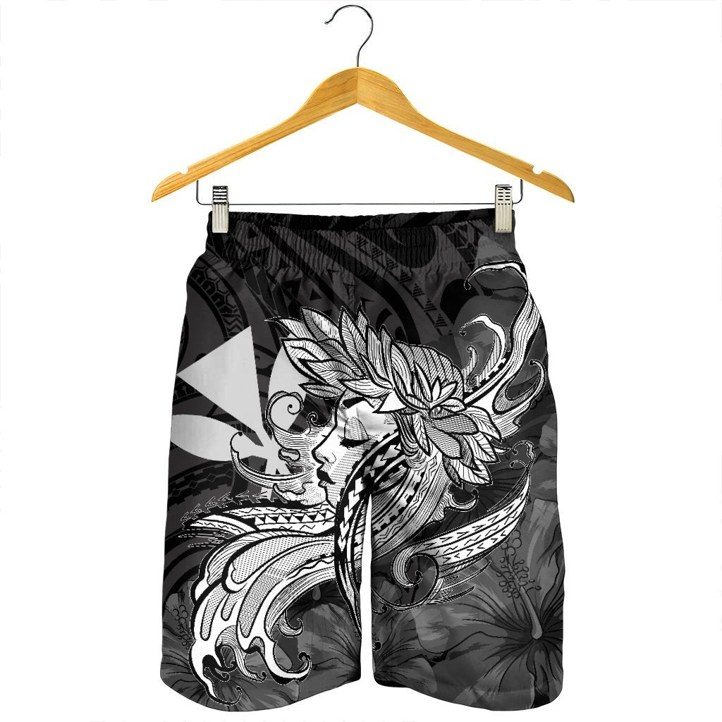 Hawaiian Map Hula Girl Hibiscus Kanaka Polynesian Men's Shorts - White - AH - Polynesian Pride