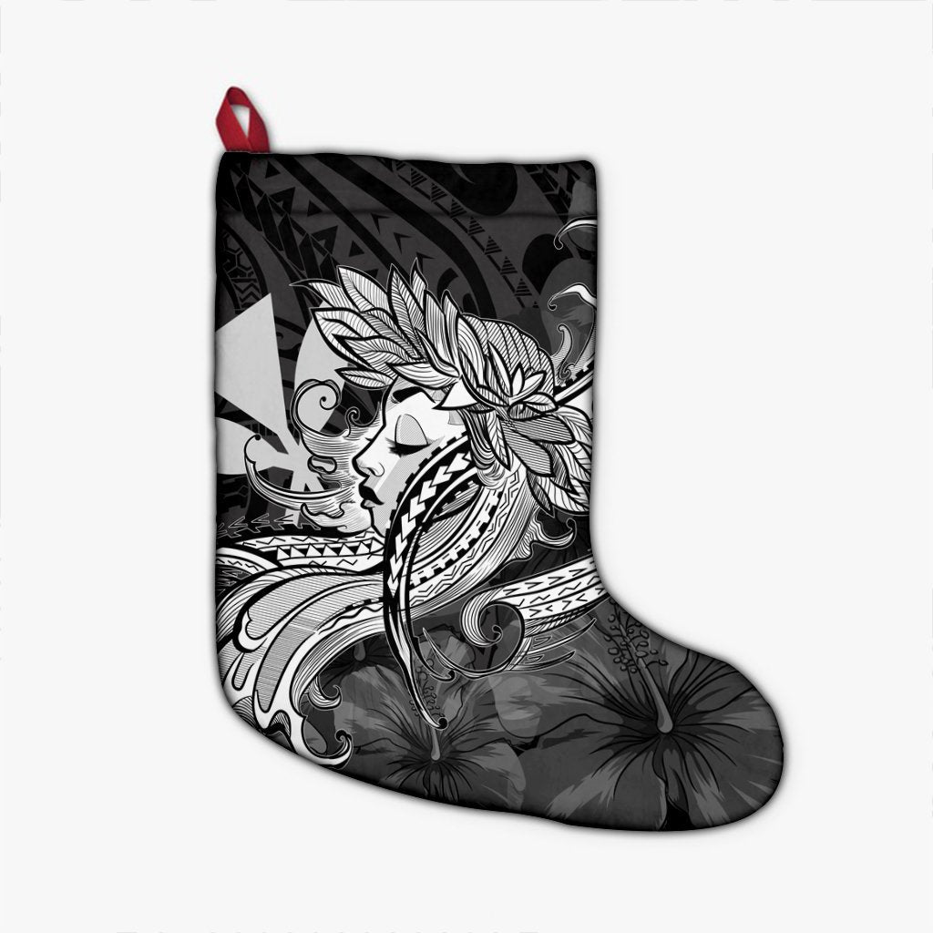 Hawaiian Map Hula Girl Hibiscus Kanaka Polynesian Christmas Stocking - White - AH Christmas Stocking 26 X 42 cm Black - Polynesian Pride