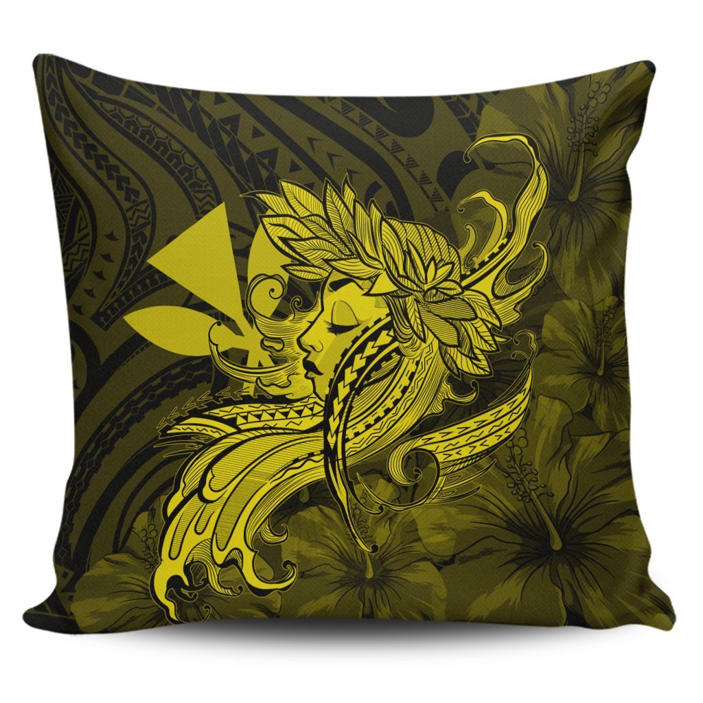 Hawaiian Map Hula Girl Hibiscus Kanaka Polynesian Pillow Covers - Yellow - AH Pillow Covers Black - Polynesian Pride