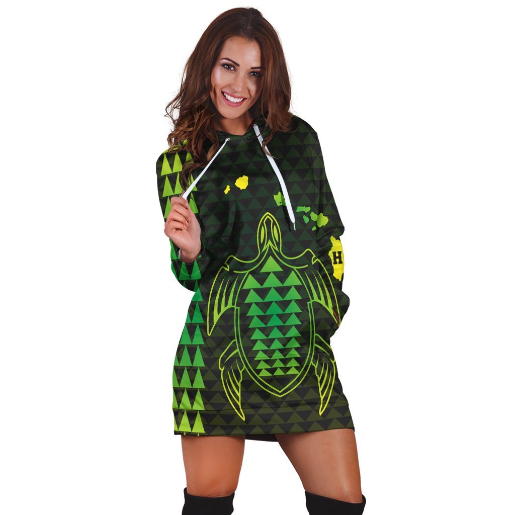 Hawaiian Map Kakau Turtle Polynesian Hoodie Dress - Green - AH - Polynesian Pride