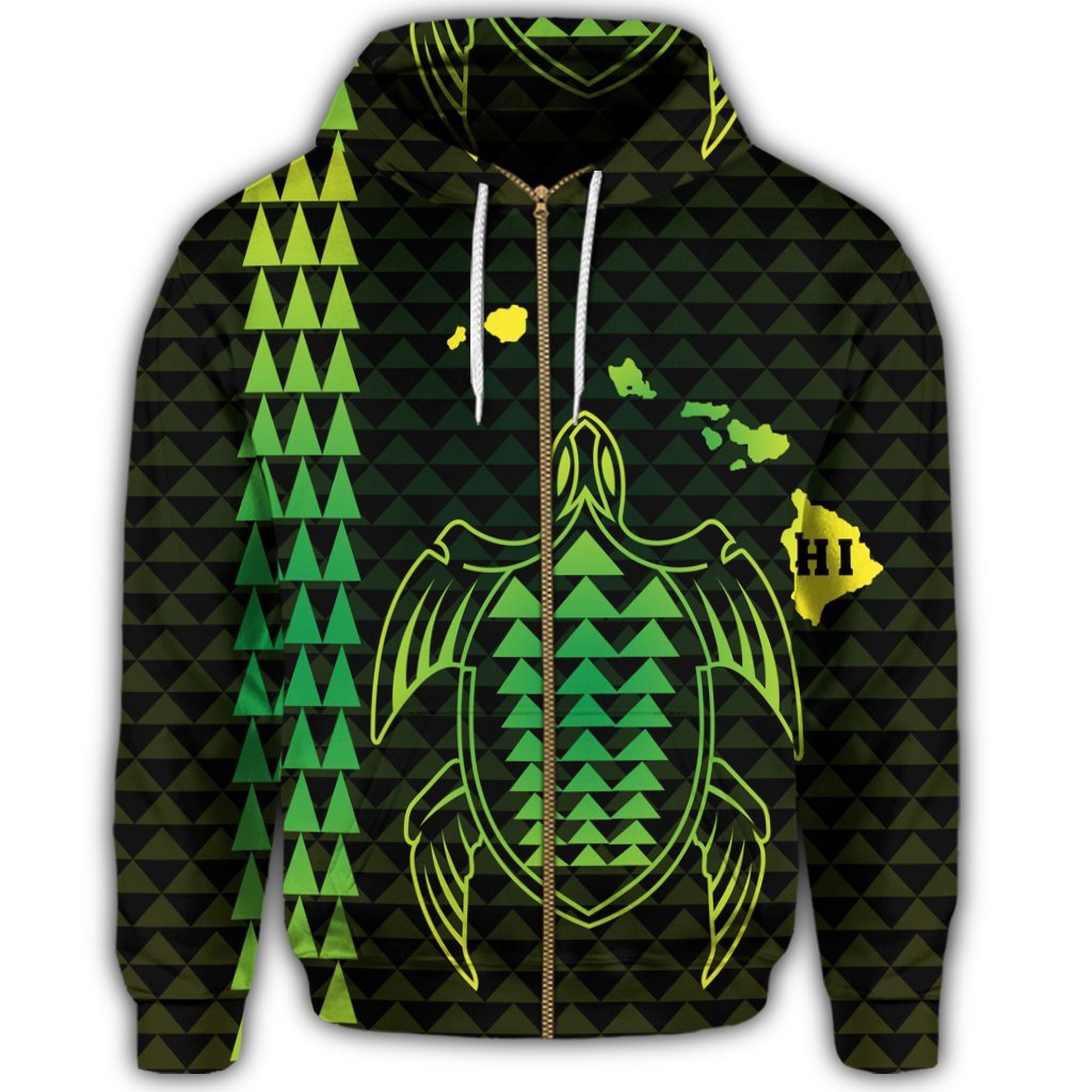Hawaiian Map Kakau Turtle Polynesian Zip Hoodie Green - Polynesian Pride
