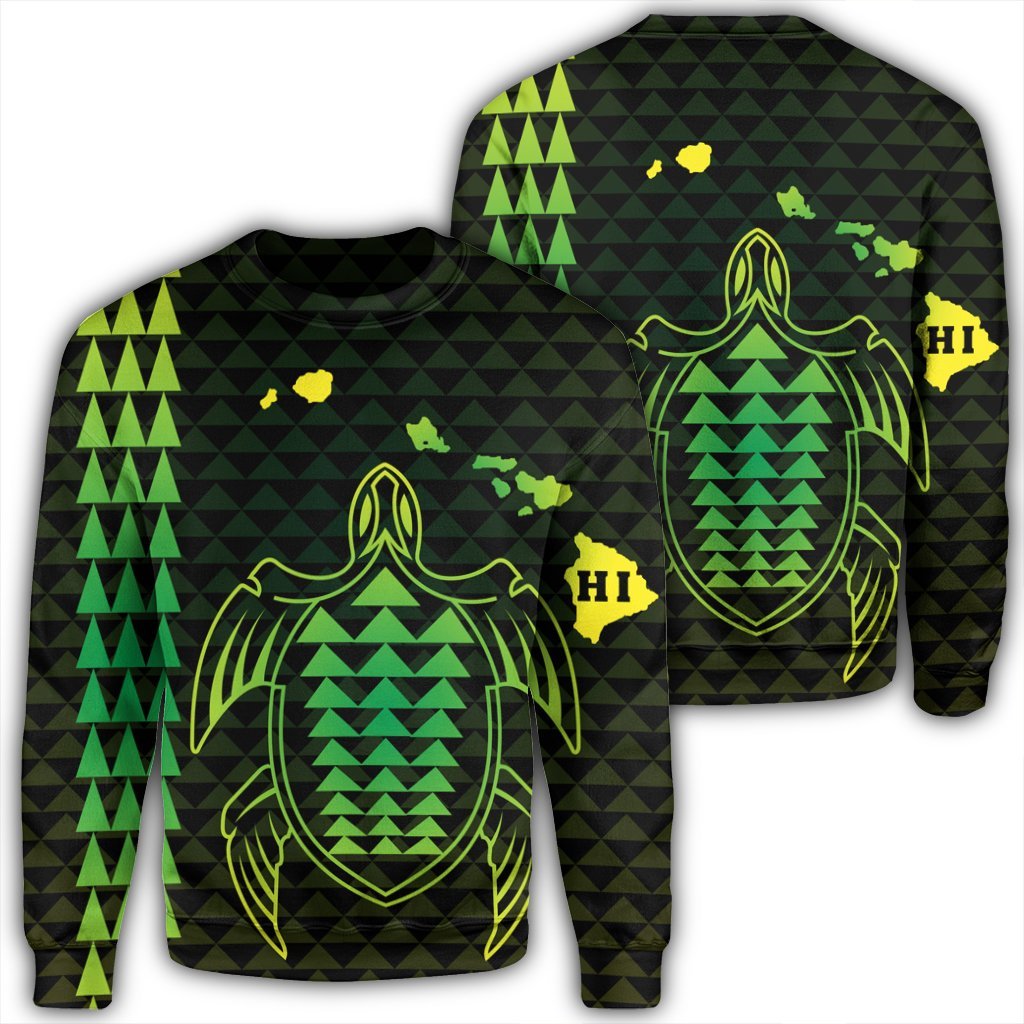 Hawaiian Map Kakau Turtle Polynesian Sweatshirt - Green - AH Unisex Black - Polynesian Pride
