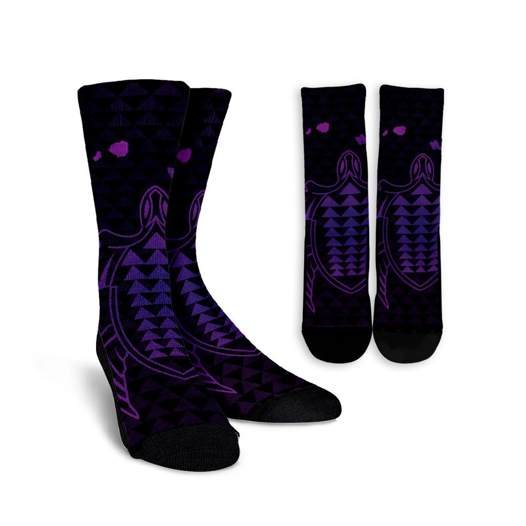Hawaiian Map Kakau Turtle Polynesian Crew Socks - Purple - AH Crew Socks White - Polynesian Pride
