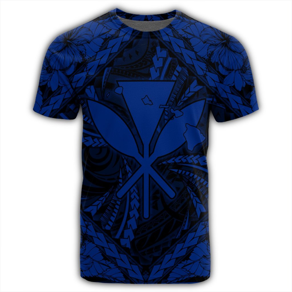 Hawaiian Map Kanaka Hibiscus Blue Polynesian T Shirt - Polynesian Pride
