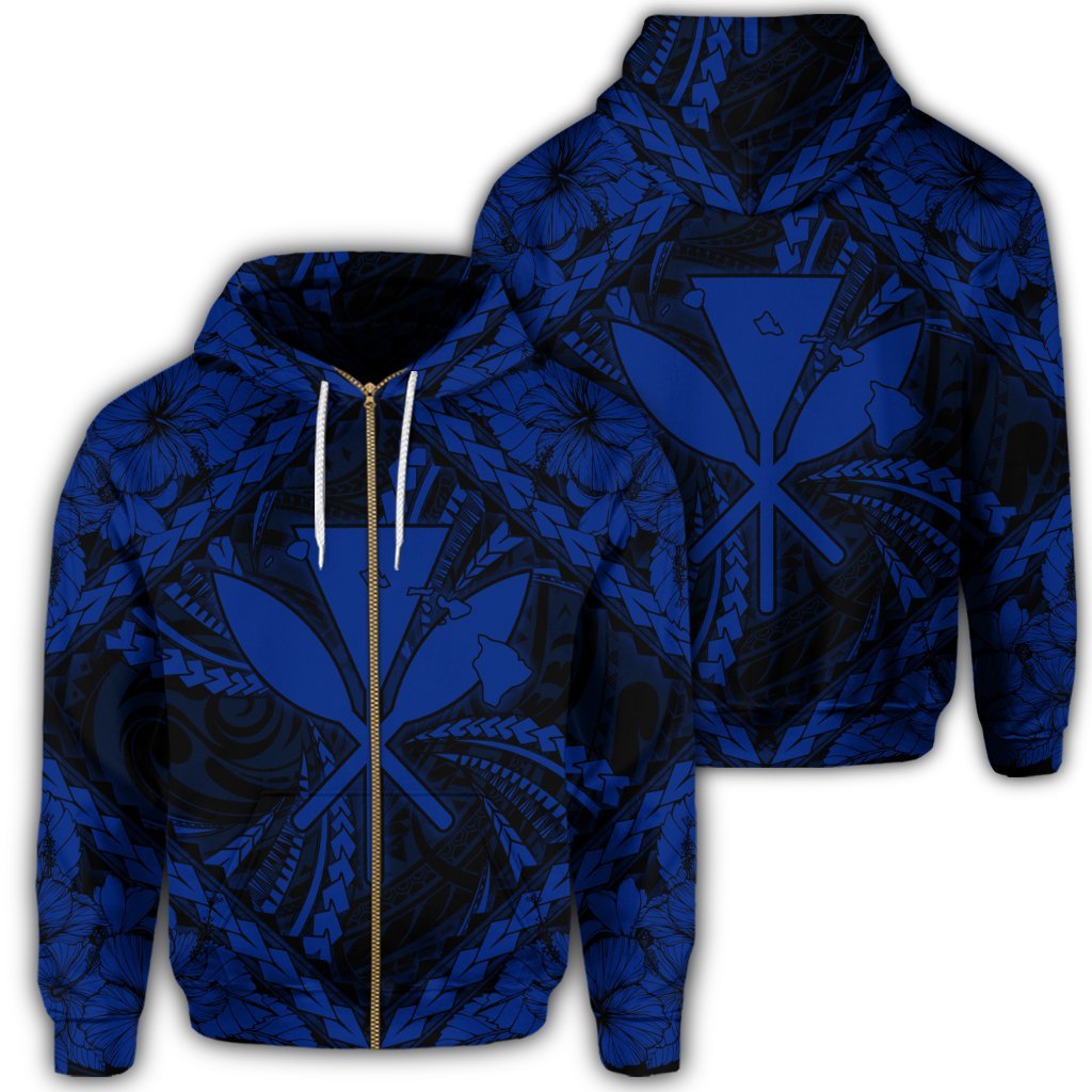 Hawaiian Map Kanaka Hibiscus Blue Polynesian Zip Hoodie Unisex Art - Polynesian Pride