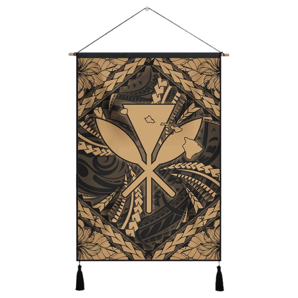 Hawaiian Map Kanaka Hibiscus Gold Polynesian Hanging Poster - AH Hanging Poster Cotton And Linen - Polynesian Pride
