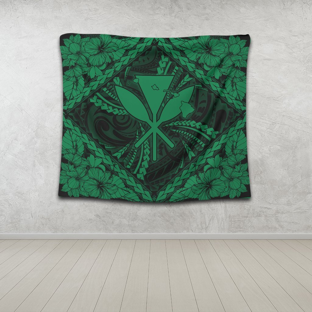 Hawaiian Map Kanaka Hibiscus Green Polynesian Tapestry - AH - Polynesian Pride