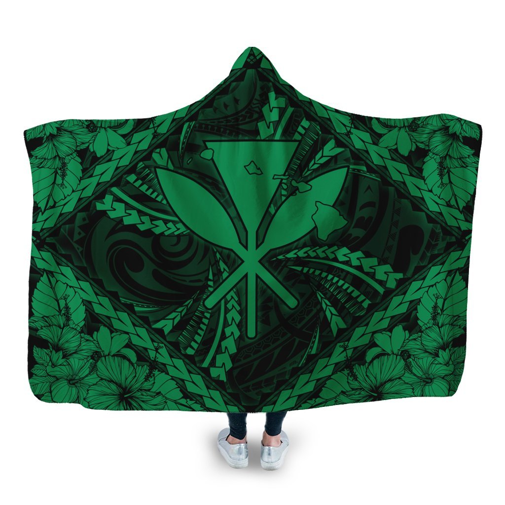 Hawaiian Map Kanaka Hibiscus Green Polynesian Hooded Blanket - AH Hooded Blanket White - Polynesian Pride