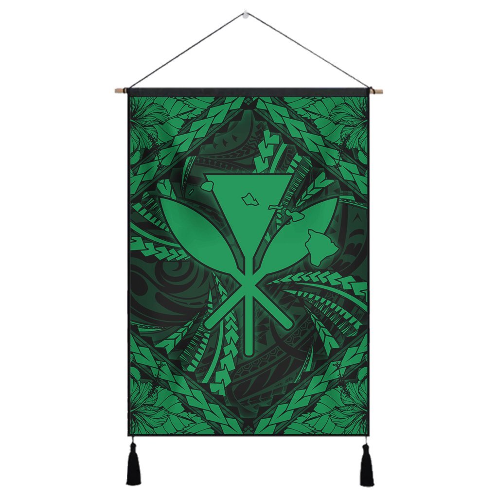 Hawaiian Map Kanaka Hibiscus Green Polynesian Hanging Poster - AH Hanging Poster Cotton And Linen - Polynesian Pride