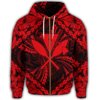 Hawaiian Map Kanaka Hibiscus Red Polynesian Zip Hoodie - Polynesian Pride