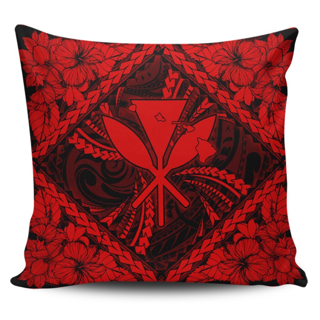 Hawaiian Map Kanaka Hibiscus Red Polynesian Pillow Covers - AH Pillow Covers Black - Polynesian Pride