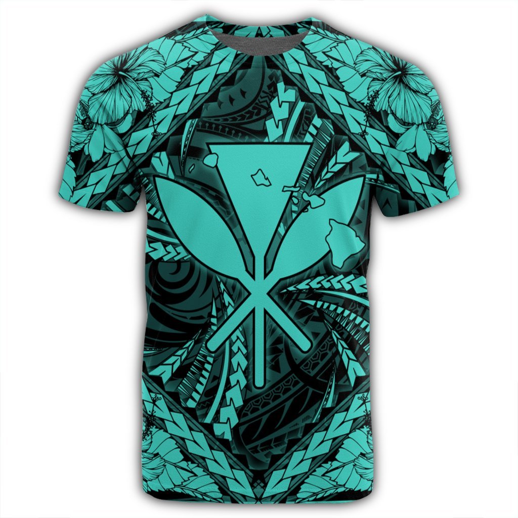 Hawaiian Map Kanaka Hibiscus Turquoise Polynesian T Shirt - Polynesian Pride