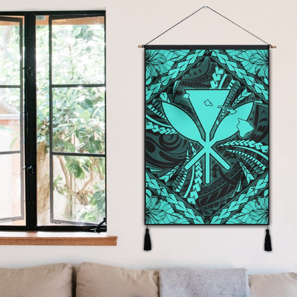 Hawaiian Map Kanaka Hibiscus Turquoise Polynesian Hanging Poster - AH - Polynesian Pride