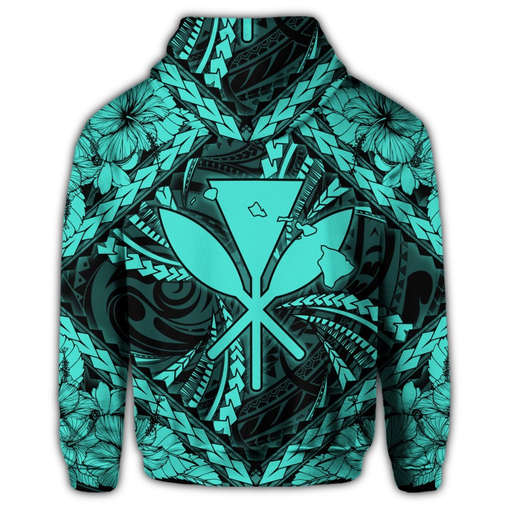 Hawaiian Map Kanaka Hibiscus Turquoise Polynesian Zip Hoodie - Polynesian Pride