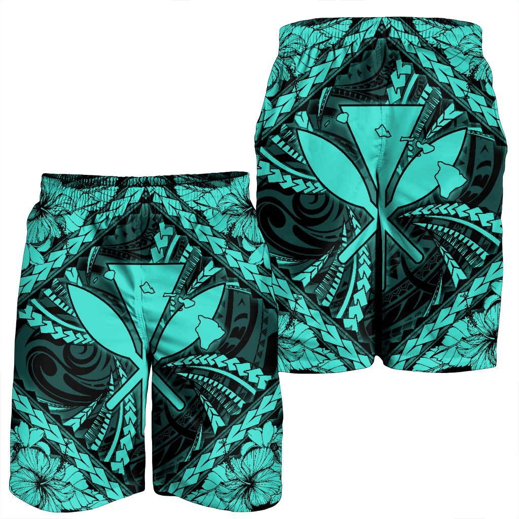 Hawaiian Map Kanaka Hibiscus Turquoise Polynesian Men's Shorts - AH - Polynesian Pride