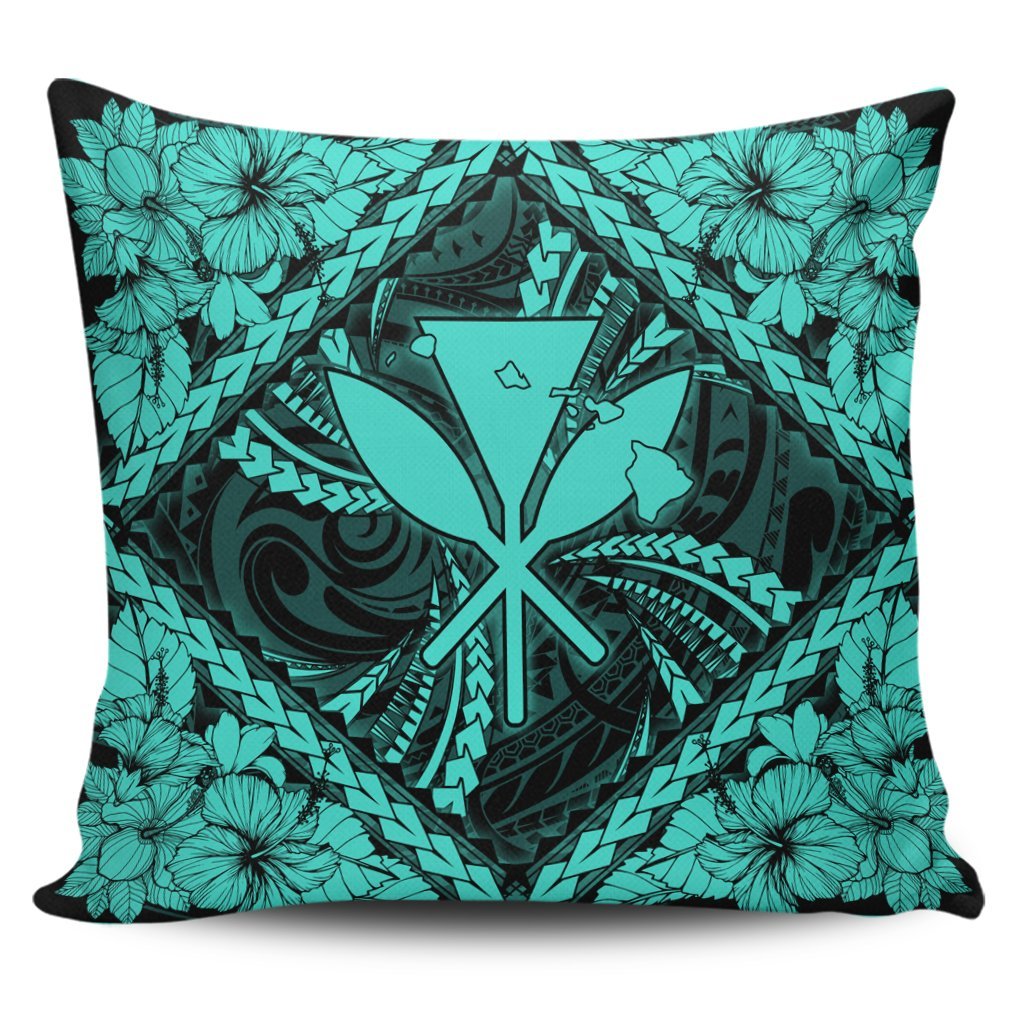 Hawaiian Map Kanaka Hibiscus Turquoise Polynesian Pillow Covers - AH Pillow Covers Black - Polynesian Pride