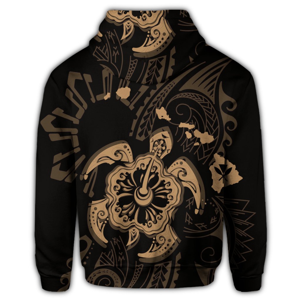 Hawaiian Map Kanaka Hibiscus Turtle Gold Polynesian Hoodie - Polynesian Pride